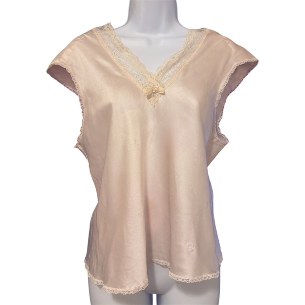 Christian Dior Vintage Blush Pink Lace Trim Sleepwear Top with Bow